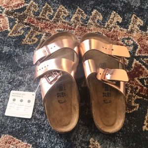 Metallic Copper Birkenstocks, size 7
